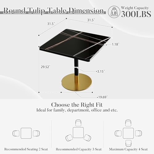 31.5'' Tulip Table, Square Dining Table with Sintered Stone Tabletop | Black Aluminum Alloy Edge & Gold Pedestal, Bistro Table for Dining Room/Café/Small Spaces/Restaurant (Black Gold Vein) - color: Black Gold Vein (Black Edge), size: Square