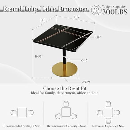 31.5'' Tulip Table, Square Dining Table with Sintered Stone Tabletop | Black Aluminum Alloy Edge & Gold Pedestal, Bistro Table for Dining Room/Café/Small Spaces/Restaurant (Black Gold Vein) - color: Black Gold Vein (Black Edge), size: Square