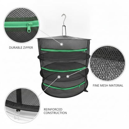 Collapsible Hanging Dryer with Zippered Mesh Layers, Space-Saving Foldable Air Drying Rack for Kitchen, Balcony, and Laundry (Black) - size: 22.83 x 22.83 x 7.09 in