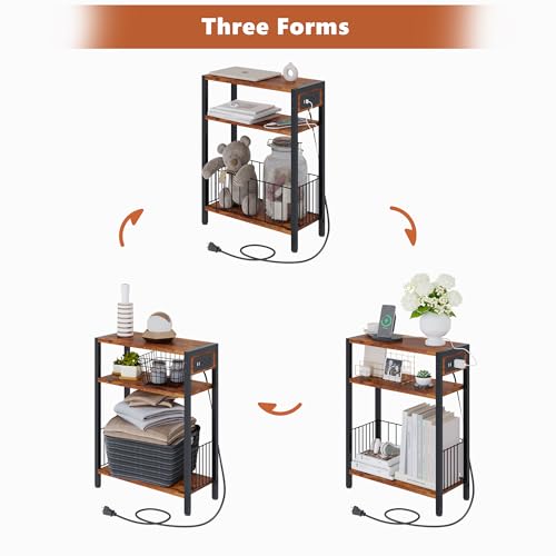TRIFEBLE Narrow Side Table with Charging Station, Small End Table for Small Spaces, Slim Nightstand with Storage Basket, 3 Tier Skinny Bedside Table for Living Room, Bedroom, Rustic Brown - color: Rustic Brown