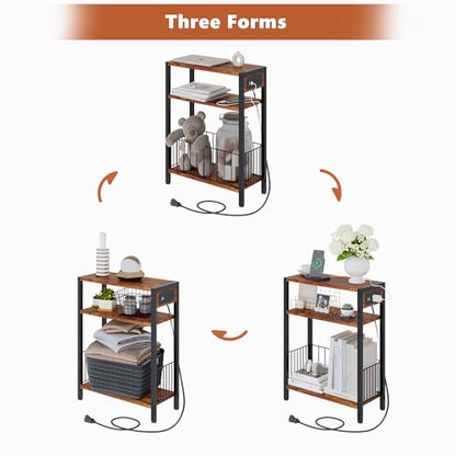 TRIFEBLE Narrow Side Table with Charging Station, Small End Table for Small Spaces, Slim Nightstand with Storage Basket, 3 Tier Skinny Bedside Table for Living Room, Bedroom, Rustic Brown - color: Rustic Brown