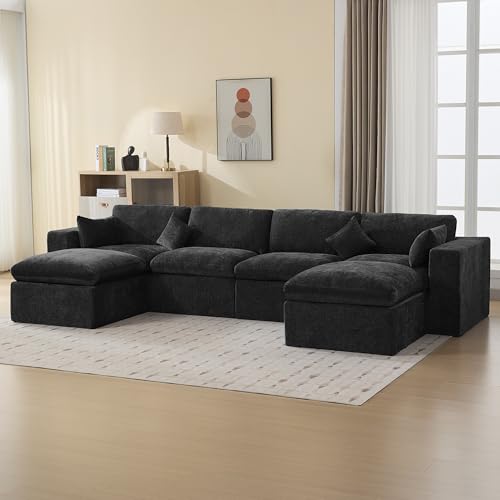 146''Cloud Boneless Modular Couch, Oversized Sectional Sofa Deep Seat with 2 Ottomans, Modern Upholstered Convertible U Shape Couch Comfy 6 Seater Chenille Sofa Couches for Living Room, Dark - color: Dark, size: 146"/4 Seater+2 Ottoman