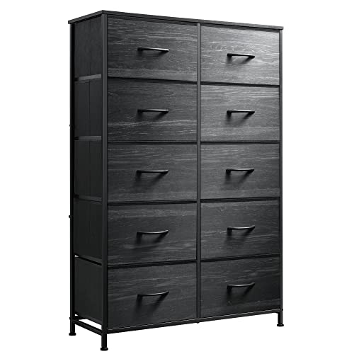 WLIVE Tall Dresser for Bedroom with 10 Fabric Drawers, Black | 10 Drawers, Fabric Dresser for Closet, Storage Tower with Cabinet, Metal Frame - color: Charcoal Black Wood Grain Print