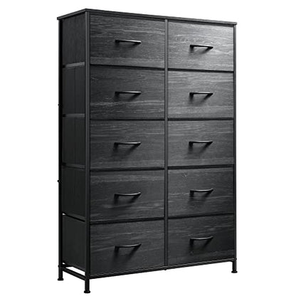 WLIVE Tall Dresser for Bedroom with 10 Fabric Drawers, Black | 10 Drawers, Fabric Dresser for Closet, Storage Tower with Cabinet, Metal Frame - color: Charcoal Black Wood Grain Print