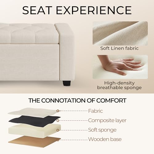 Ottoman with Storage Bench,Large Storage Ottoman Entryway Benches Ottoman Bench with Cushion and Safety Hinge - color: Beige