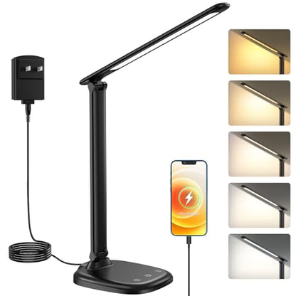 Desk Lamp with Charger, 10%-100% Stepless Dimmable & 5 Color Modes Study Lamp, Touch Control, 30-/60-minute Timer, USB Charging Output Port, CRI≥90, Eye-Caring Foldable LED Desk Lamps for Home Office - color: Black-US