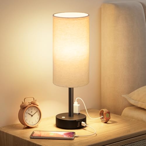 Beige Touch Bedside Lamp for Bedroom, Stepless Dimmable, USB A+C, AC Outlet | Base Touch Button Only, Memory Brightness, Ultra-dim Night Light, Included Bulb for Optimal Dimming, Beige Fabric Shade, Desk - color: Beige & Black