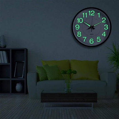 12 Inches Night Light Wall Clocks - with Silent Non-Ticking Glowing Function - Big Solid Numbers Easy to Read Both Day and Night - color: White/Black