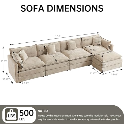 Modular Sectional Sofa, 147.2 Inch L Shaped Couch Set with Armrests, 4-Seater Comfy Cloud Couches with Movable Ottoman for Living Room Apartment, Coffee - color: Coffee, size: 147.2'' - L Shape