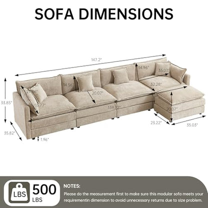 Modular Sectional Sofa, 147.2 Inch L Shaped Couch Set with Armrests, 4-Seater Comfy Cloud Couches with Movable Ottoman for Living Room Apartment, Coffee - color: Coffee, size: 147.2'' - L Shape
