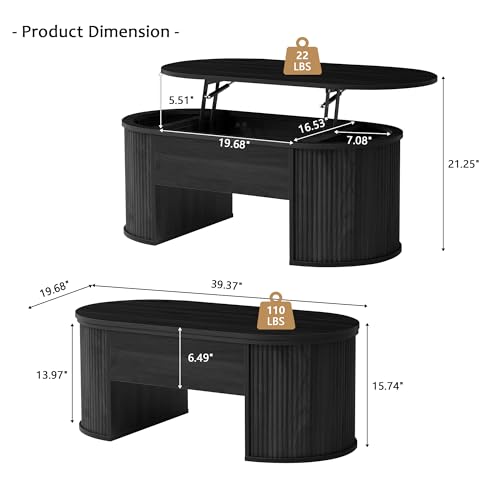 QHITTY Fluted Coffee Table with Lifting Top, Oval Wood Lift Top Coffee Table with Hidden Compartment, Mid Century Pull up Center Tables for Living Room, Office - Black - color: Round Table-black
