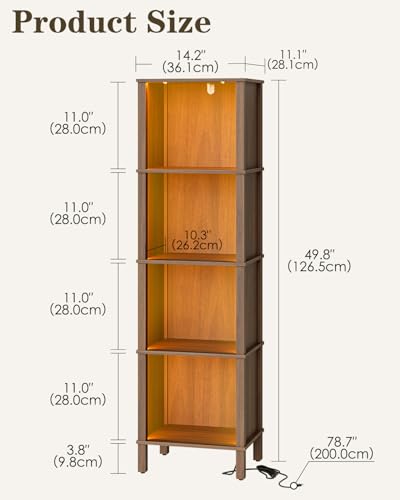 Book Shelf with LED Lights, Modern 4-Tier Bookcase, Open Storage Bookshelf, 11 × 14.2 × 50.4 Inches, Small Narrow Bookshelves for Living Room, Home Office, Bedroom, Walnut - color: Walnut
