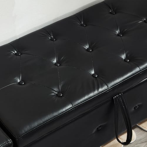Storage Bench, 48‘’ Upholstered PU Leather Ottoman Bench with Button-Tufted, Folding Bedroom Bench with Wood Legs, Entryway Bench for Bedroom, Black - color: Black