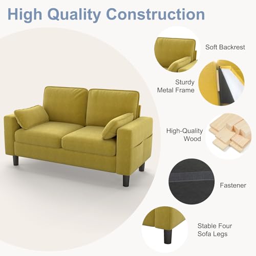 KINTNESS 56” Modern Loveseat Sofa, 2-Seater Sofa Couch with Deep Seat & Armrest Pillow, Sectional Sofa Loveseat for Bedroom, Living Room, Removable Covers, Ergonomic Height, Non-Slip, Yellow - size: 2 seater
