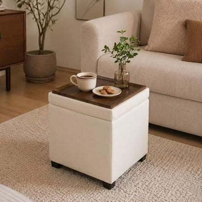 15 inch Square Storage Ottoman with Tray Lid,Modern Tufted Fabric Cube Coffee Table with Storage,Upholstered Ottoman with Removable Top for Living Room, Bedroom - color: Cream White With Tray