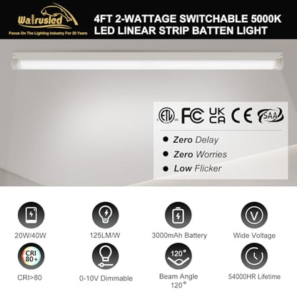 4FT LED Linear Strip Emergency Stairwell Light, 2 Watt Selectable, 20W/40W, 2500lm/5000lm, Battery Backup, 5000K, IP20, 0-10V Dimmable 4 Foot Flush Mount Commercial LED Shop Ceiling Light Fixture, ETL
