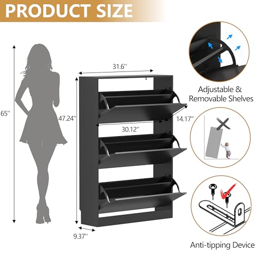 Narrow Shoe Cabinet for Entryway, Slim Shoe Storage Cabinet with 3 Flip Drawers, Hidden Wood Shoe Cabinet Storage, Freestanding Shoe Rack Organizer Foyer, Hallway, Black - color: Black, style: Hidden 3 Drawers