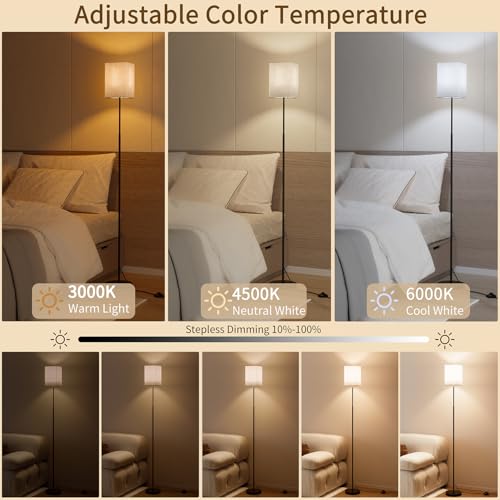 63.8" Square Floor Lamp with White Linen Shade | Dimmable Standing Lamp, Remote & Foot Switch, 3 Color Temperatures, 9W LED Bulb Included, for Living Room, Bedroom & Office - color: Beige