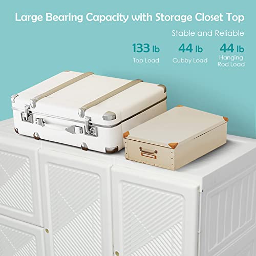 Tangkula Portable Closet Wardrobe, Foldable Clothes Organizer with Cubby Storage, Hanging Rods, Easy Assemble Clothing Storage with Magnet Doors, Folding Bedroom Armoire (10 Cubbies & 2 Rods)