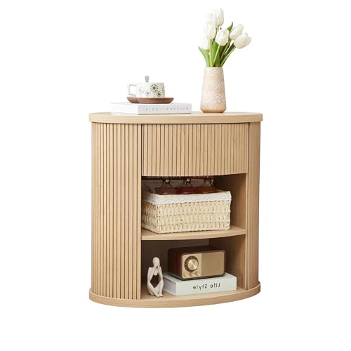 Fluted End Table with Drawer, Boho Side Table with Storage, Mid Century Modern Nightstand for Bedroom Bedside, Living Room Couch Sofa, Office, Desk Side Table for Small Spaces - color: Oval-natural