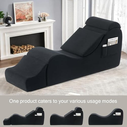 Yoga Chair Lounge for Adult, Ergonomic Chaise Lounge Chair with Side Pocket, Headrest, Waist Pad, Ottoman，Perfect for Stretching, Massage, and Relaxation, Used in Living Room, Bedroom（Black） - color: Black