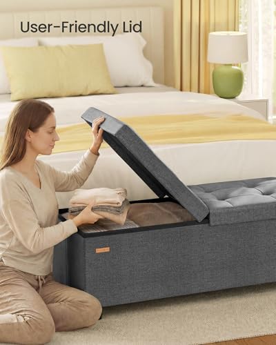 SONGMICS Storage Ottoman Bench with Legs, Folding Ottoman Foot Rest with Flipping Lid, Bench with Storage, for Living Room, Bedroom, Entryway, Linen-Look Fabric, 43.3 Inches, Slate Gray ULSF079GN01 - color: Slate Gray, style: with Flipping Lid