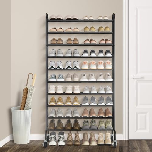 STORAGE MANIAC 10-Tier Expandable Shoe Rack, 44 Pairs Tall Vertical Shoe Rack, Heavy-Duty Metal Adjustable Shoes Organizer for Closet, Entryway, Hallway, Garage, Front Door, Shoes Shelves, Black - color: Black, size: 10 Tier