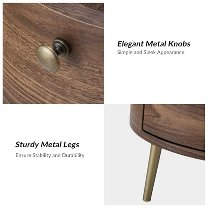 HULALA HOME Round End Table with 3 Storage Drawers, Mid Century Modern Sofa Side Table with Metal Legs, Farmhouse Wood Small Side Table for Living Room, Bedroom and Small Spaces, Walnut - color: Walnut