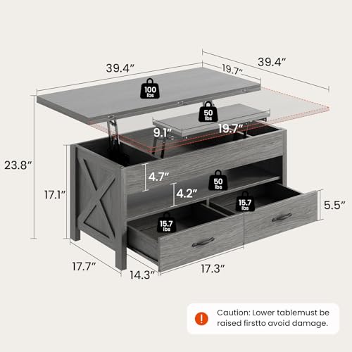 Amada 39" Lift Top Coffee Table with Drawer, Shelf, Hidden Storage, Grey | Modern farmhouse style, quiet and stable lifting system, CARB-certified, 4-in-1 table for dining, working, reading, relaxing - color: Wash Grey