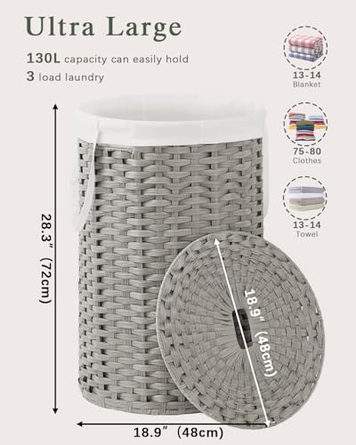 SETVSON Large Laundry Hamper Laundry Basket with Lid, Round PE Rattan, Gray | 130L Large Woven Basket with Lid, Removable Washable Liner Bag, 2 Mesh Laundry Bags, Foldable Long Side Handles - color: Gray, size: 130 L