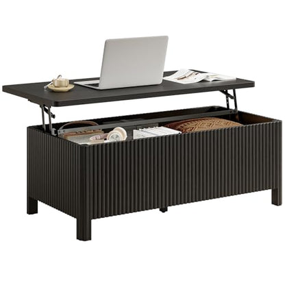 Fluted Lift Top Coffee Table with Storage, Mid Century Modern Coffee Table with Hidden Compartment, Rising Top Wood Center Table for Living Room, Home Office, Rounded Edges (Black) - color: Black