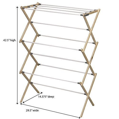 Household Essentials X-Frame Clothes Drying Rack, Stabile Wood Frame with Slanted Feet, Smooth Vinyl Wrapped Rods, 23.8 Feet of Hanging Space, Ready to Assemble, Flat Top, Natural - color: Natural/White Pine