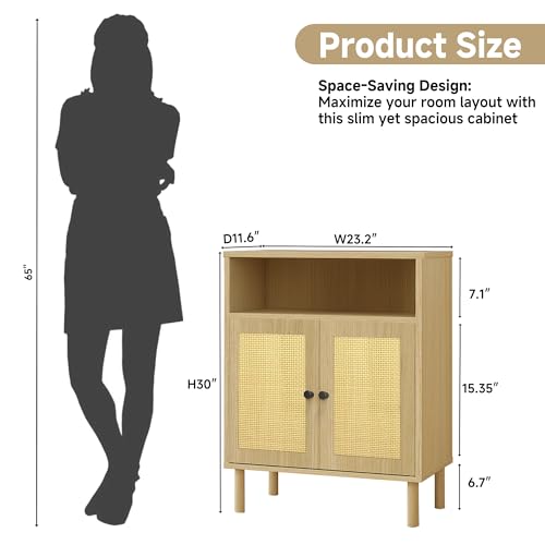 Boho Accent Cabinet with Rattan Doors, Small Sideboard Buffet, Oak | Small Sideboard Buffet Cabinet for Entryway, Living Room, Kitchen Coffee Bar - color: Oak