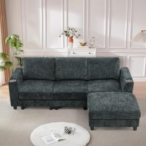 87" Chenille 3 Seater Couch with Soft Ottoman, Grey | L-Shape Sectional Sofa with Durable Cup Holders, Upholstered Sofa with Comfy Backrests for Living Room, House - color: Grey, size: 87" L-Shape