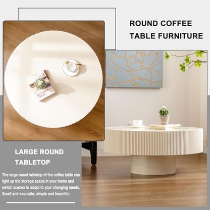 Round Fluted Drum Coffee Table with Pedestal Base | 30.9'' Modern White Wooden Drum Center Table, Handcrafted Wood Fluted Edge, For Living Room & Apartment - color: White Thick
