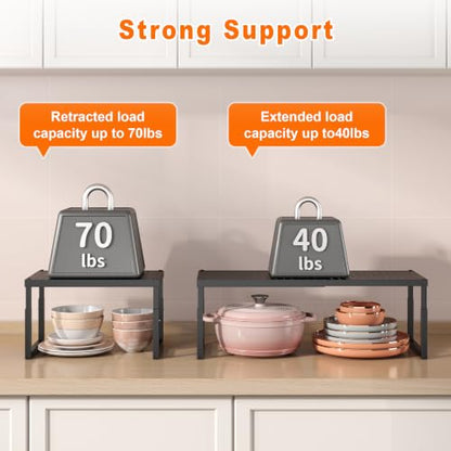 Shelf Organizer Riser For Cabinet Pantry Kitchen Countertop Cupbaord Closet | Expandable Width, Adjustable Height, Stackable As 2-Tier Shelf Rack, Snap-Button: Easily Adjust Height, Heavy Duty Metal - color: Black-1 Pack