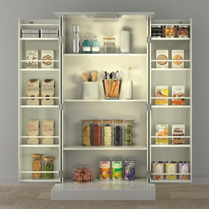 FJTJBSI 50" LED Kitchen Pantry Cabinet White Storage Cabinet Food Pantry with Doors and Adjustable Shelves Freestanding Buffet Cupboards Sideboard for Kitchen Living Room and Dinning Room