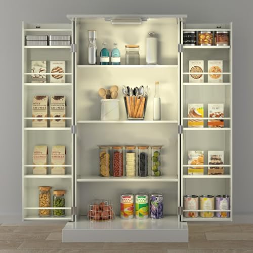 FJTJBSI 50" LED Kitchen Pantry Cabinet White Storage Cabinet Food Pantry with Doors and Adjustable Shelves Freestanding Buffet Cupboards Sideboard for Kitchen Living Room and Dinning Room