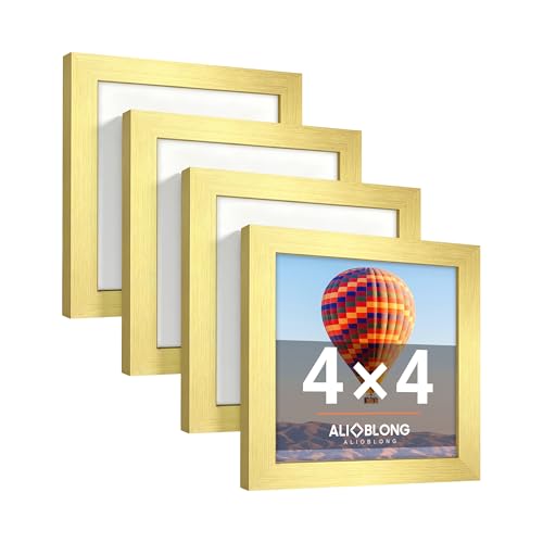 4x4 Picture Frame, Wall Mount or Tabletop Photo Frames with Engineered Wood, Gold 4 Pack - color: GD, size: 4x4-4PK