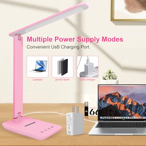 White crown LED Desk Lamp Dimmable Table Lamp Reading Lamp with USB Charging Port, 5 Lighting Modes, Sensitive Control, 30/60 Minutes Timer Pink (Pink, First-Generation) - color: Pink, size: first-generation