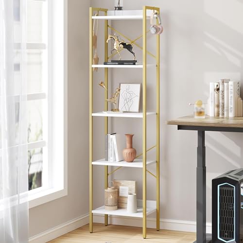 Hzuaneri Bookshelf, Book Shelf, Industrial Bookcase with 2 Hooks | Coner Shelf Storage Organizer for Home Office, Living Room, Bedroom, Kitchen, 5-Tier White Gold BC10513G - color: White Gold, size: 9.4"D x 15.7"W x 63"H