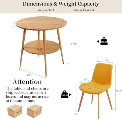 HIPIHOM 5-Piece Round Dining Table Set for 4 Oak Small Space Steel Legs | Natural Wood Tone, Double-tier Round Design Offers Storage, Stain and Spill Resistant MDF Top, Cross Braced Anti Wobble Legs - color: Oak Table+4 Yellow Chairs