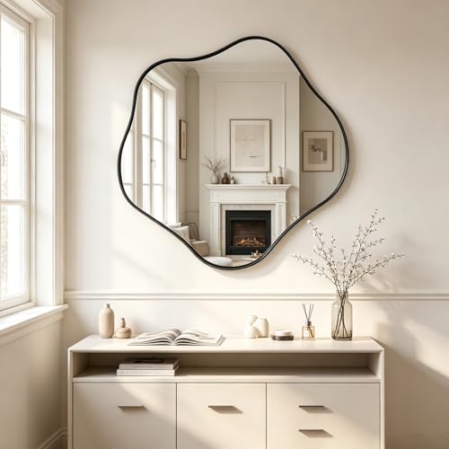 Scalloped Irregular Mirror, 35" Asymmetrical Organic Wall Mirror with Black Metal Frame, Wavy Decorative Accent Mirrors for Entryway Bedroom Living Room, Horizontal or Vertical Hanging - color: Black, size: 35"L x 35"W