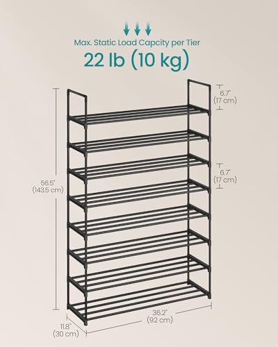SONGMICS ULSA308BH01 신발장, 8단 신발 정리함, 금속 보관 선반, 수직 또는 거꾸로, 32-40쌍, 쌓을 수 있음, 입구용, 29.5 x 91.9 x 147.9cm(11.8 x 36.2 x 56.5인치), 블랙 - color: 블랙., size: 8 Tiers (36.2"W)