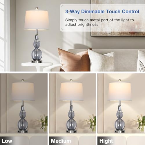 Rinweey 27.5" Gray Clear Glass Table Lamp Set of 2,3-Way Dimmable Touch Control Bedside Lamps with USB Ports and AC Outlet, Modern Nightstand Lamps for Bedroom Living Room - color: Grey-2
