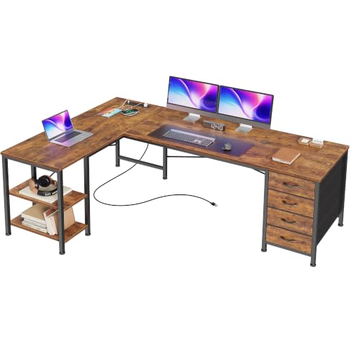 Huuger 55 Inch L Shaped Desk with Fabric Drawers, Reversible Computer Gaming Desk with Power Outlets and USB-C Port, Adjustable Side Storage Shelves, for Work Corner Home Office, Rustic Brown - color: Rustic Brown, size: 55 inch