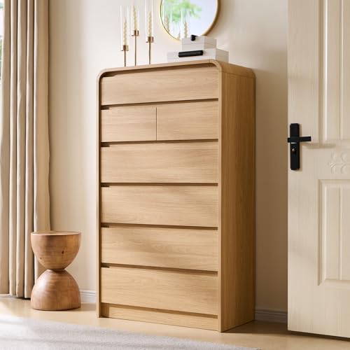 Aitjunz Modern 7 Drawers Dresser for Bedroom, 55" Tall Dressers & Chest of Drawers w/Curved Profile Design, Wood Mid Century Vertical Storage Dressers Organizer for Bedroom, Living Room, Natural Oak - color: Natural, size: 15.5"D x 31.5"W x 55.5"H (7 Draw