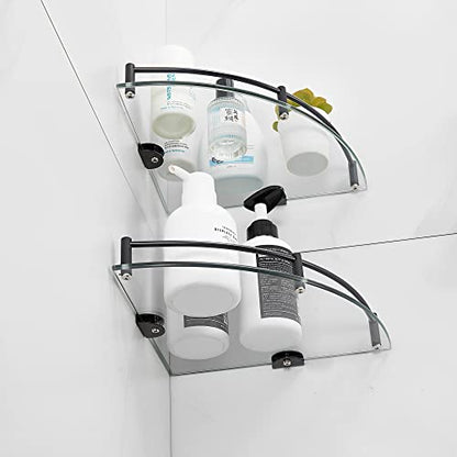 Glass Shower Corner Shelves 2 Pack - Floating Bathroom Shelves Tempered Glass Shelf with Rails SUS 304 Stainless Steel Wall Mounted Organizer, 24cmx24cm 6mm, Black