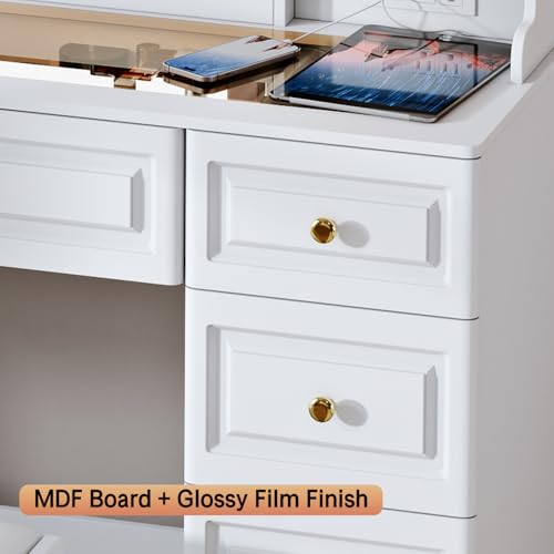 Arulvmrn 43" Makeup Vanity Desk with Mirror and Lights, & Power Outl, Glass Top Big Vanity Table with 9 Drawers& 8 Storage Shelves, Dressing Table Set with Chair for Bedroom, White - color: White
