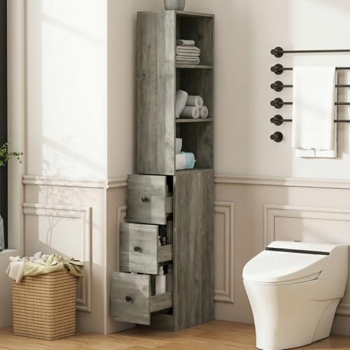 ARTETHYS Tall Slim Bathroom Storage Cabinet with 3 Adjustable Shelves Gray | Slim Free Standing Space Saver Organizer for Living Room Kitchen, 3 Drawers - color: Grey